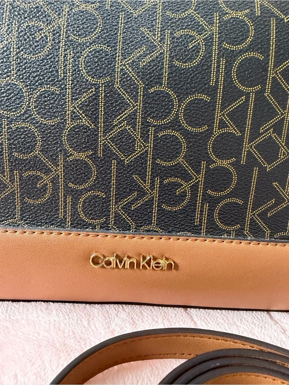Calvin Klein Monogram Satchel Crossbody Brown Tan